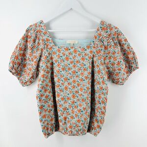 Solitaire‎ Orange Turquoise Embroidered Boho Top Sz M Floral Puff Sleeves DD09